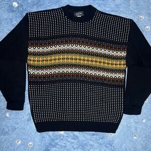 VINTAGE Crewneck Sweater Size Large Mens Navy Blue Fair Isle Atlas Retro 90s